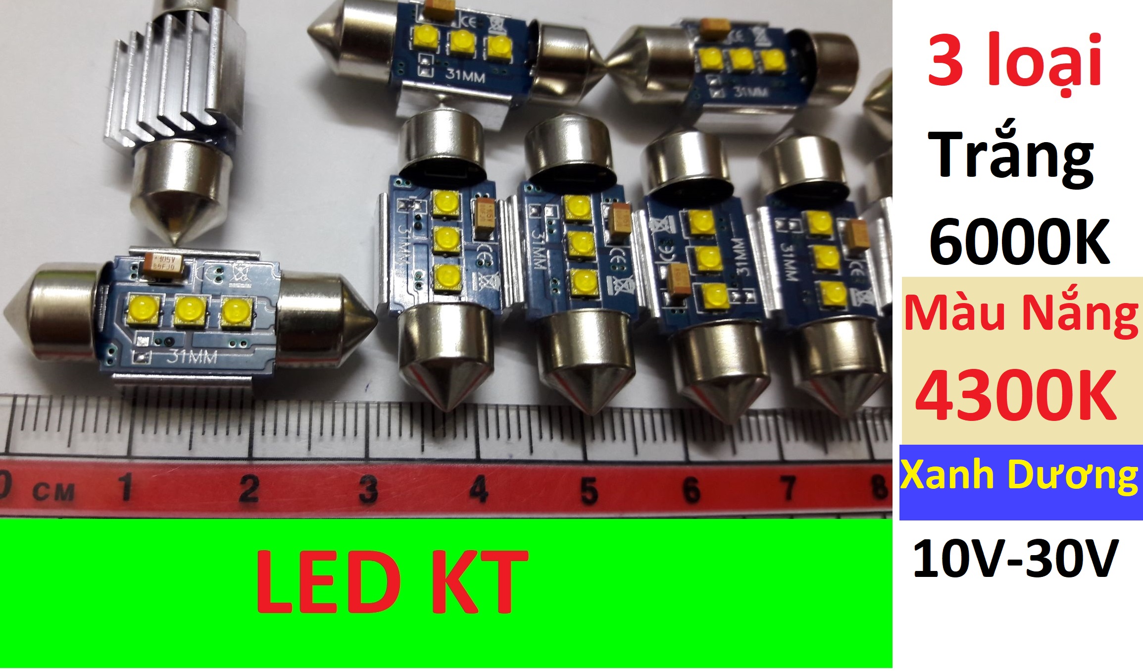 [1 bóng] Led trần ô tô xe hơi 28mm 12v 24v 30v 3 chip cree festoon bóng đũa 28mm, 31mm, 36mm, 39mm, 42mm có trắng và vàng nắng 4300k và xanh dương cho nội thất ô tô xe tải.