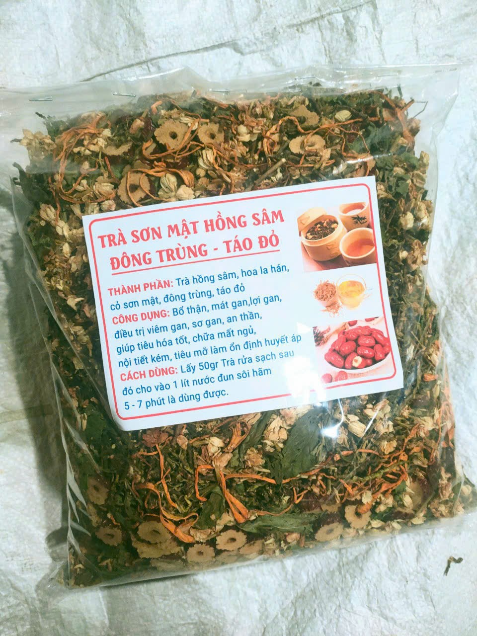 Trà sơn mật hồng sâm đông trùng-táo đỏ túi 1kg