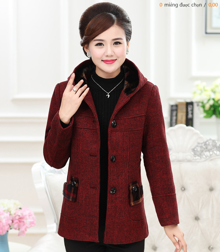 Áo khoác trung niên - áo khoác dạ cho mẹ có mũ