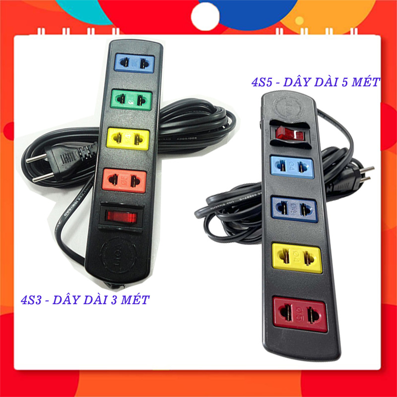 Ổ cắm điện lioa phổ thông, 2200w, 4 ổ cắm 2 chấu, 1 công tắc, dây dài 3m - 5m, 4s3 - 4s5, màu đen