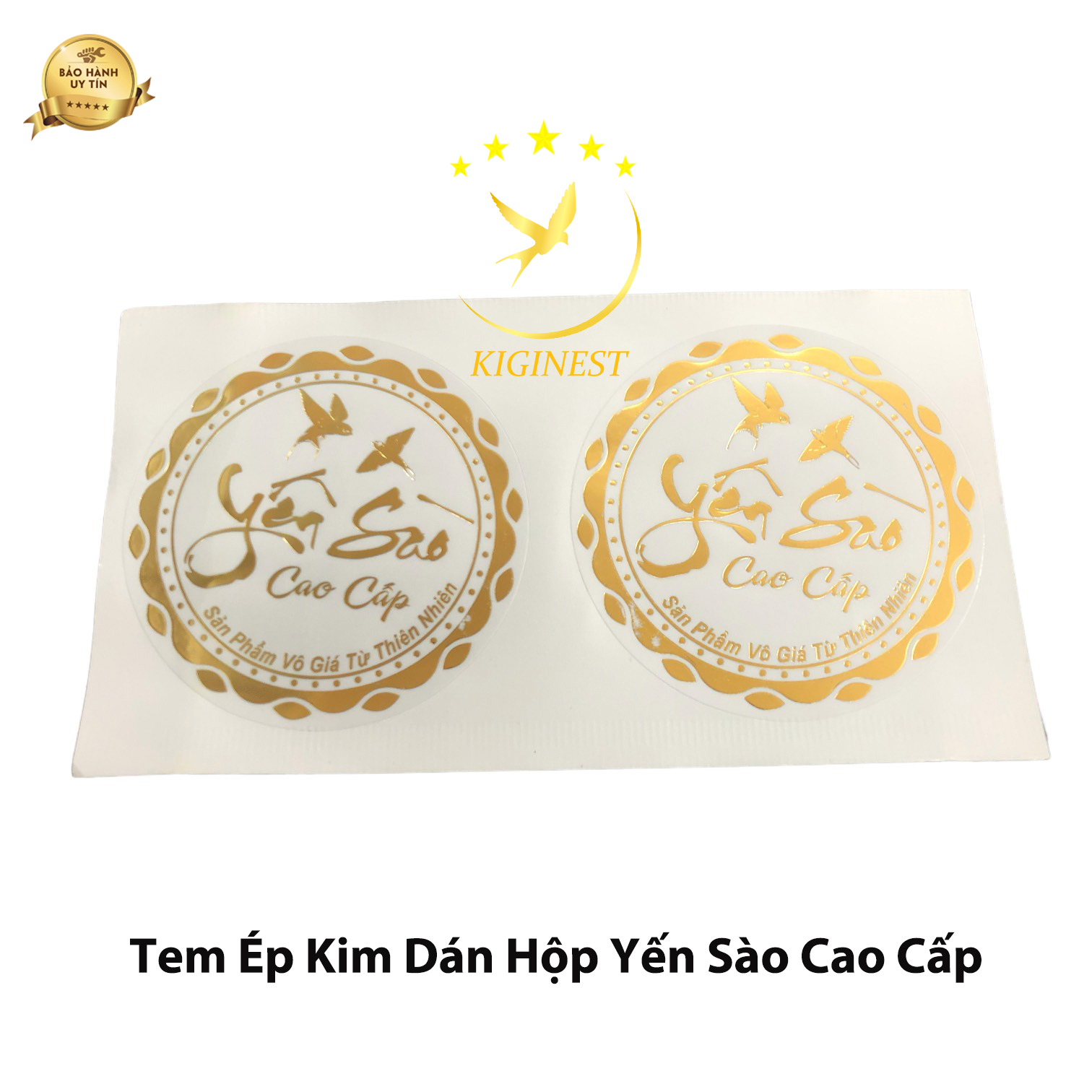 Combo 100 tem nhãn ép kim tròn viền 2 chim yến sào cao cấp