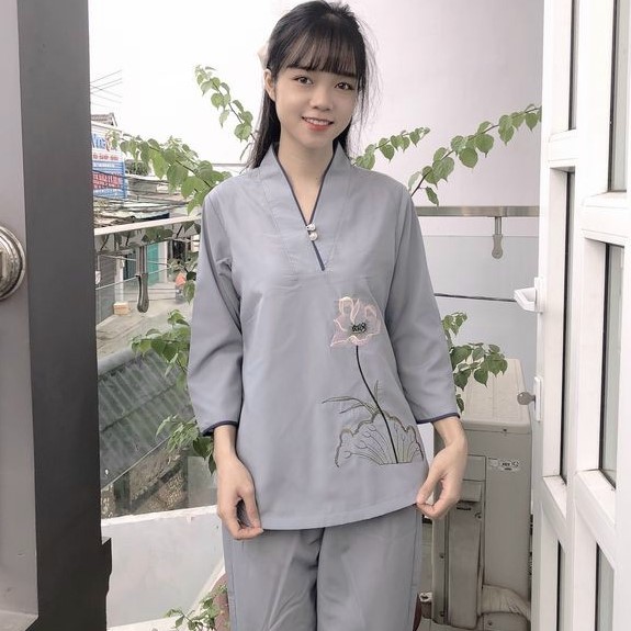 Áo tràng, Quần Áo nữ Phật Tử, Đồ Lam Đi Chùa mẫu nút ngọc kate mã HPA11