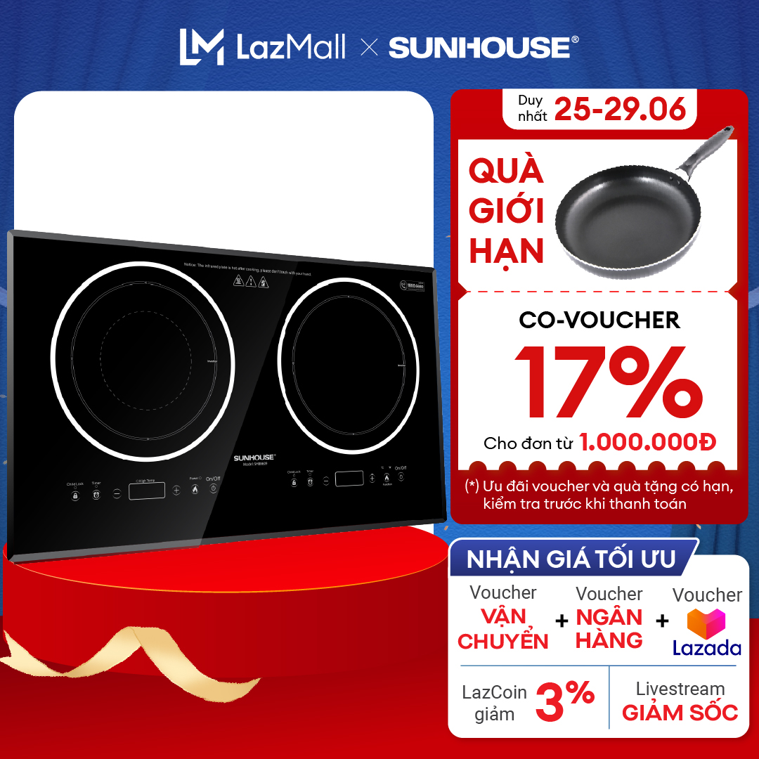 Bếp điện đôi từ hồng ngoại SUNHOUSE SHB8609 - Kiểu dáng sang trọng hiện đại - Mặt kính chịu nhiệt siêu bền - Dùng cho tất cả các loại nồi - Bảo hành 36 tháng - Hàng chính hãng