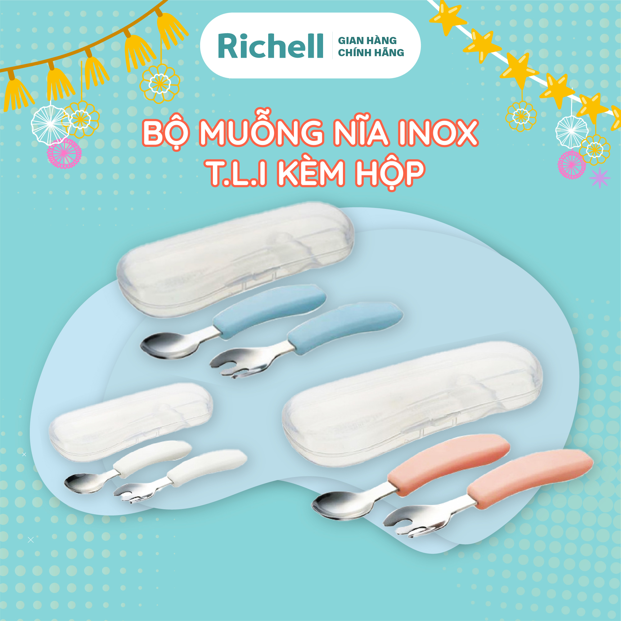 Bộ muỗng nĩa inox TLI kèm hộp Richell Nhật Bản Baby