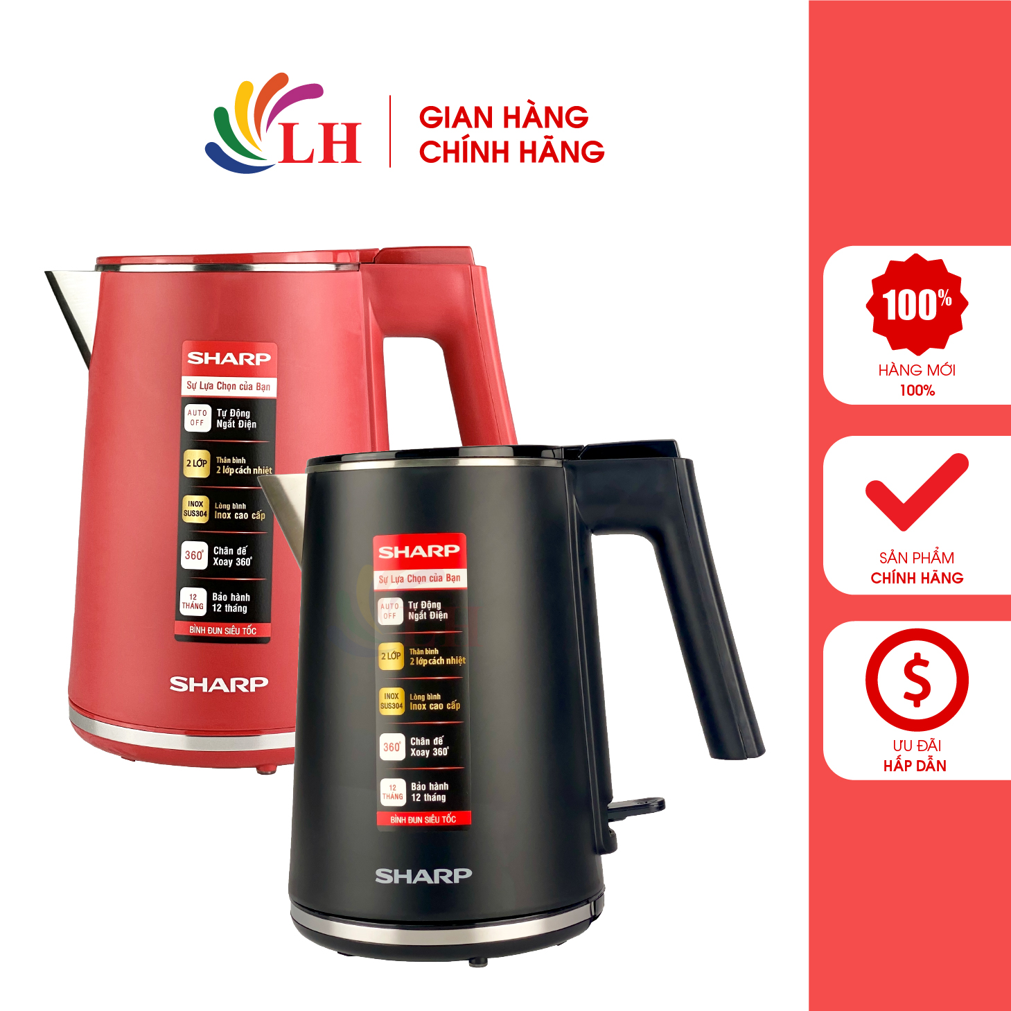 Bình đun siêu tốc Sharp 1 lít EKJ-10DVPS - Hàng chính hãng - Có thể xoay bình 360 độ, Chế độ an toàn, Cột hiển thị mực nước