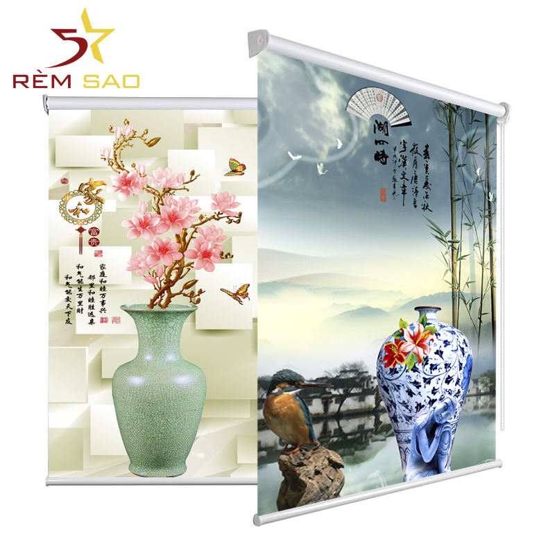 Rèm cuốn in tranh bình hoa, rèm chống nắng 100% - rèm 5 sao