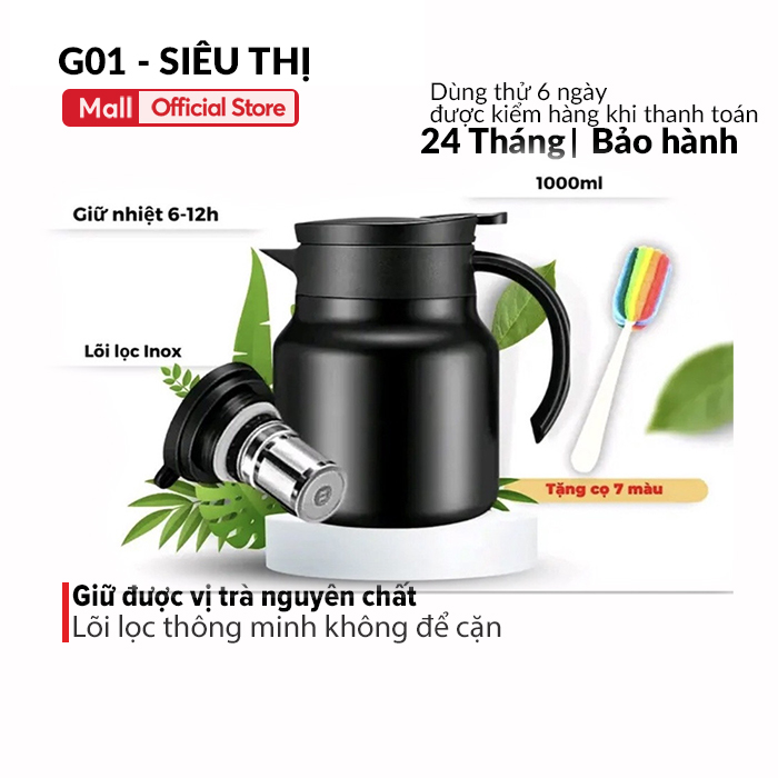 Bình lọc trà giữ nhiệt 8 tiếng G01 dung tích lớn 1000ml chất liệu inox 316 ấm pha cà phê cao cấp không rỉ tặng kèm cọ