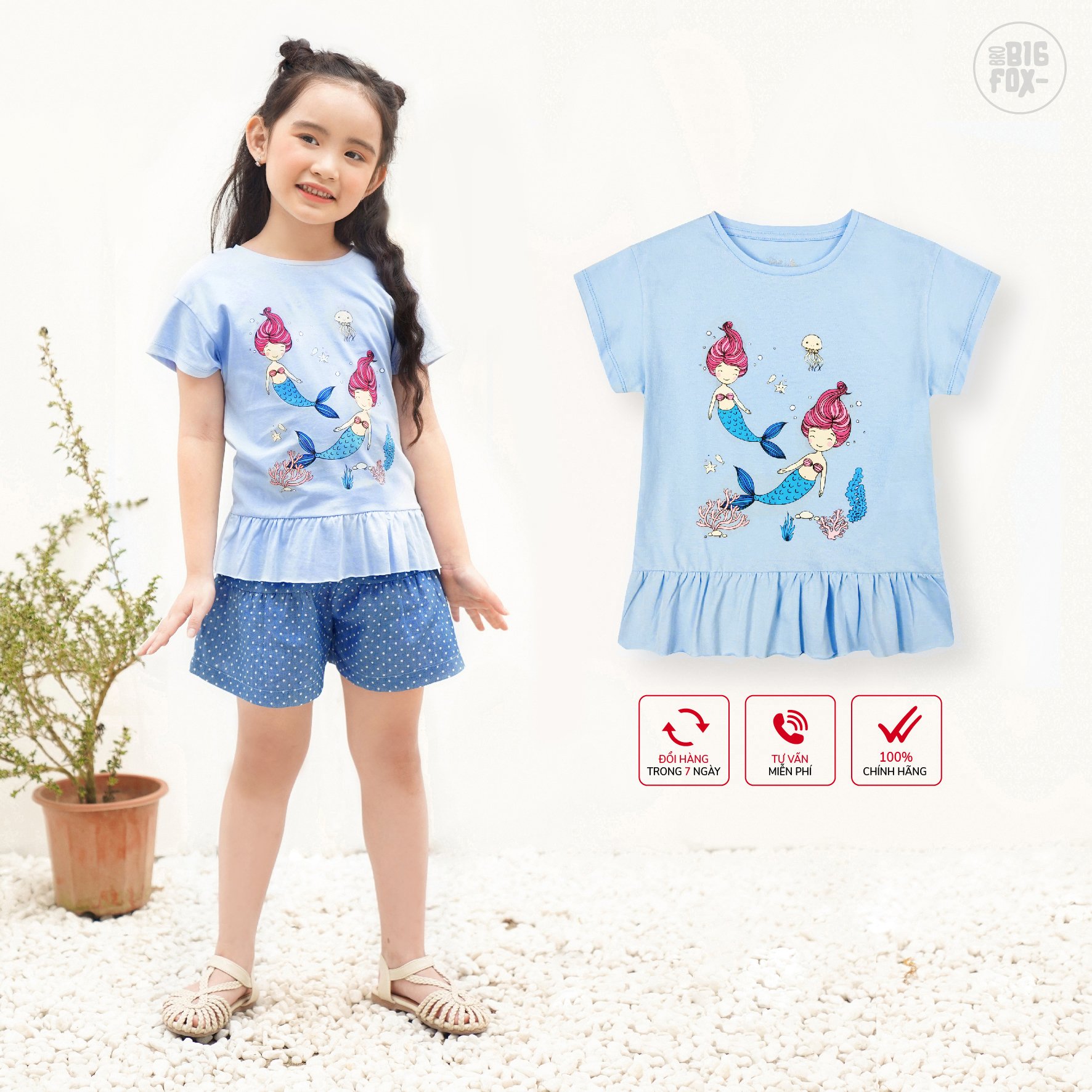 Áo Mùa Hè Cho Bé Gái Size Đại Áo Cotton Thun Cộc Tay Bèo Gấu In Nàng Tiên Cá 3-11