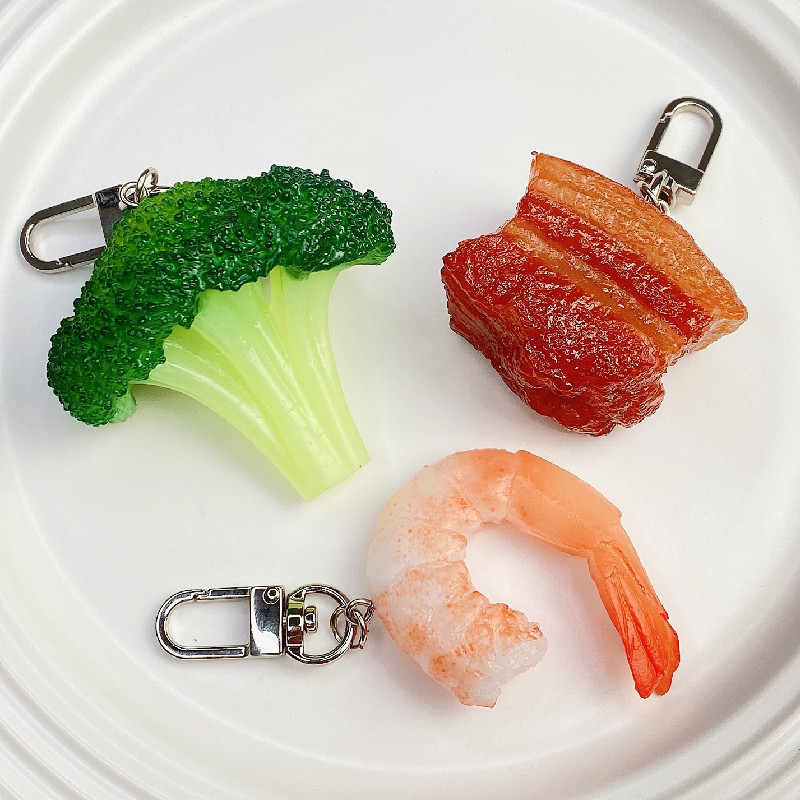 Móc khóa hình sườn heo thịt ba chỉ tôm súp lơ Móc khóa thức ăn cá tính