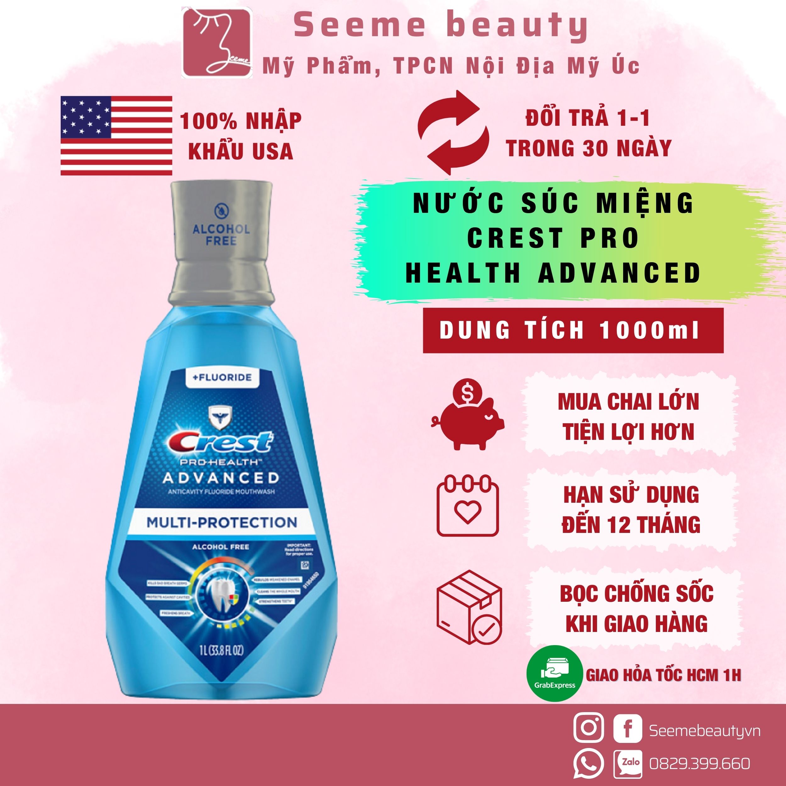 Nước Súc Miệng Crest Pro Health Advance 1000ml Vệ Sinh Trắng Răng Miệng Thơm Mát SeeMe beauty