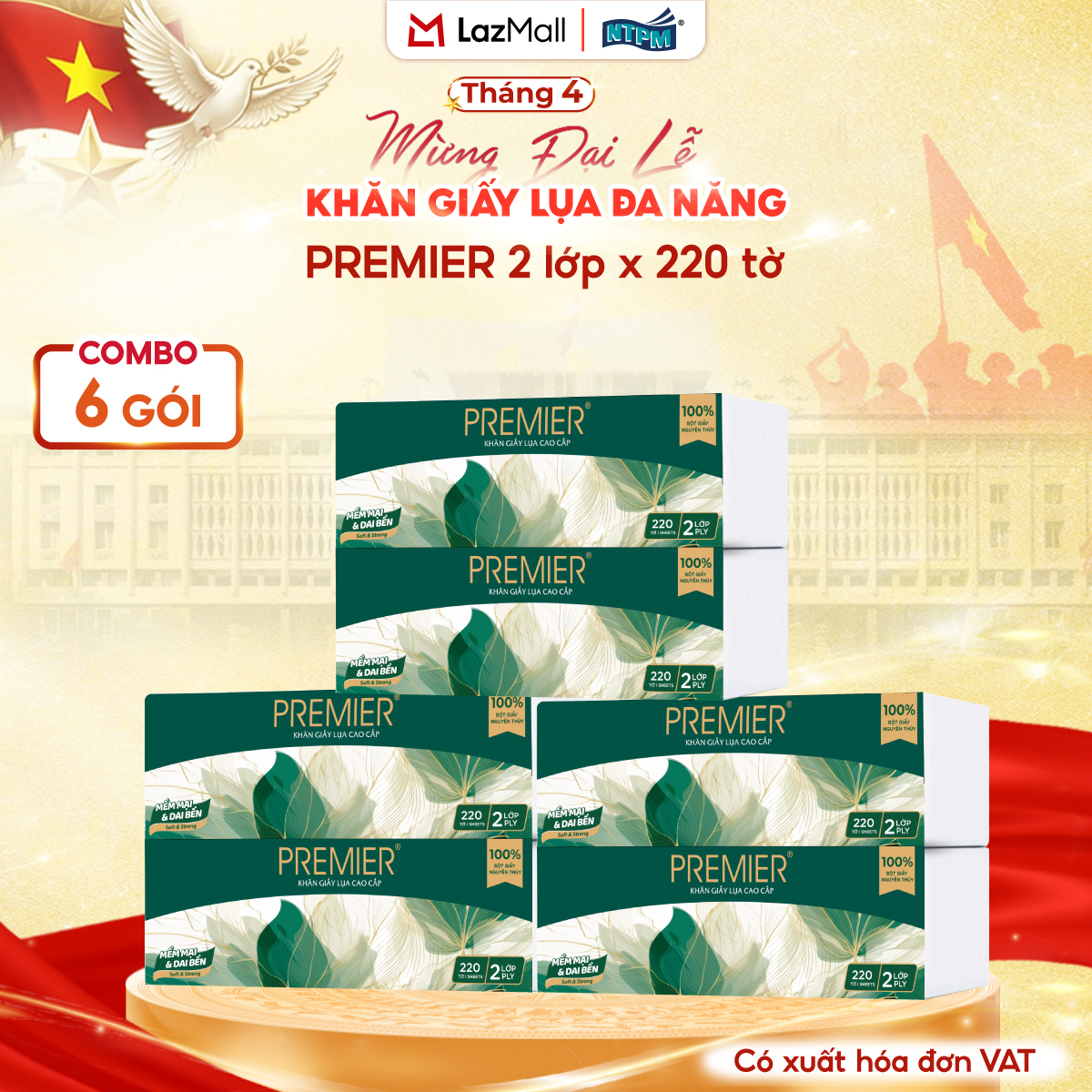 [COMBO 6 GÓI] Khăn giấy lụa đa năng PREMIER, 2 lớp – 100% bột giấy nguyên sinh, không chất tẩy, 220 tờ/gói – Chính hãng