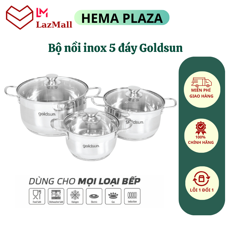 Bộ nồi inox goldsun 5 đáy ge42-3506sg hàng chính hãng goldsun