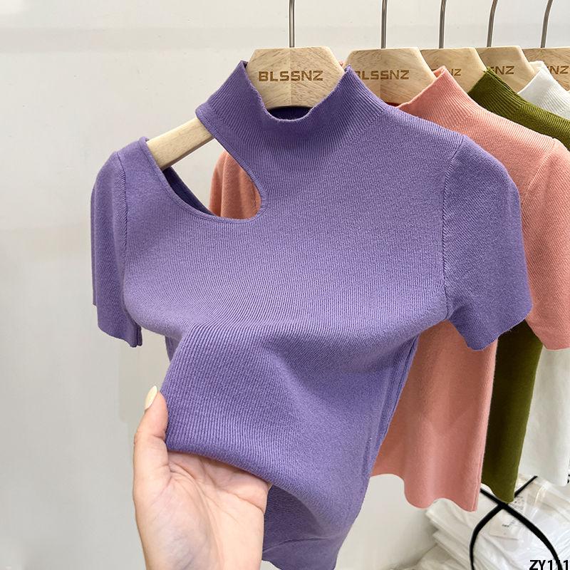 T Áo Sơ Mi Dệt Kim Áo Thiết Kế Kiểu Ngắn Nửa Rỗng Áo Nữ Cổ Cao Sang Trọng Thích Hợp Áo Nữ Ngắn Tay Lụa Lạnh Mùa Hè
