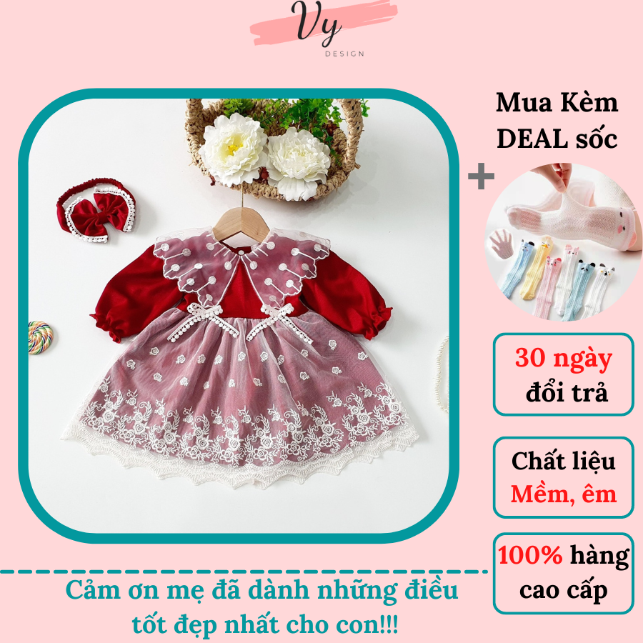 Váy Tết Cho Bé Gái Sơ Sinh Kèm Turban, Váy Bé Gái Ren Đỏ Thiết Kế Cao Cấp, Đầm Đầy Tháng, Váy Sơ Sinh