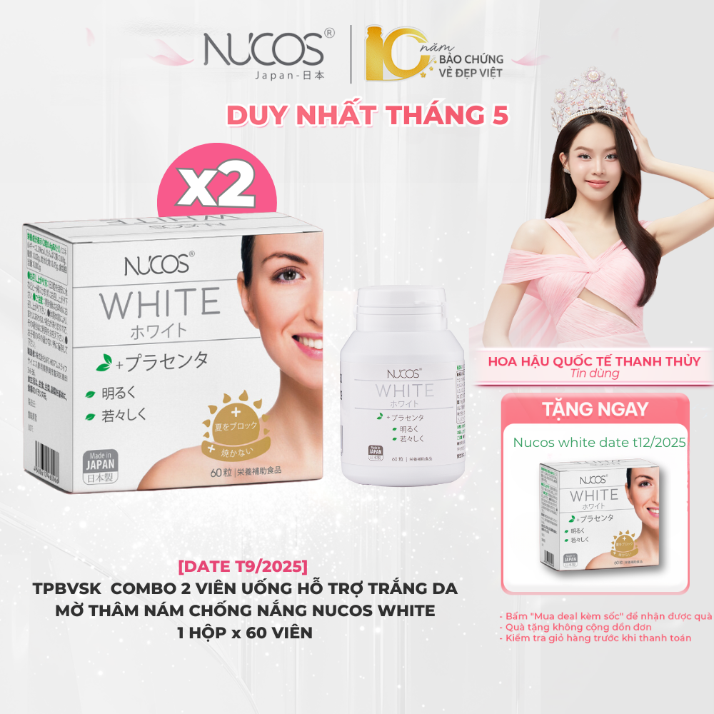 [M2T1 DATE T12/2025] TPBVSK Combo 2 Hộp Viên uống Trắng Da Nucos White Hỗ Trợ Giảm Thâm Nám Sáng Da Chống Nắng Hộp 60 viên