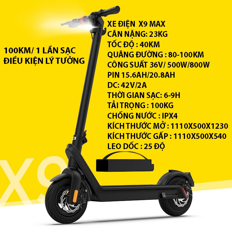 Xe scooter điện X9 MAX- Công suất 48V -Xe điện đa năng,gấp gọn,đi 100km cho 1 lần sạc - Xe Trượt Scooter Cỡ Lớn Cao Cấp Tải Trọng 150kg