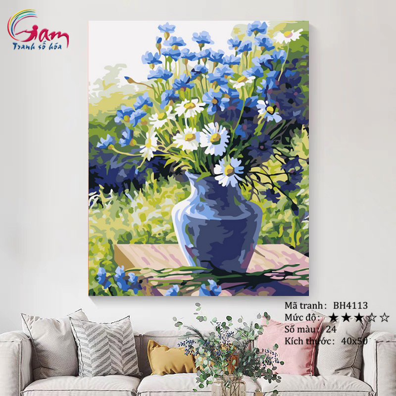 Tranh treo tường tự tô màu theo số sơn dầu số hóa Gam Hoa cúc xanh BH4113
