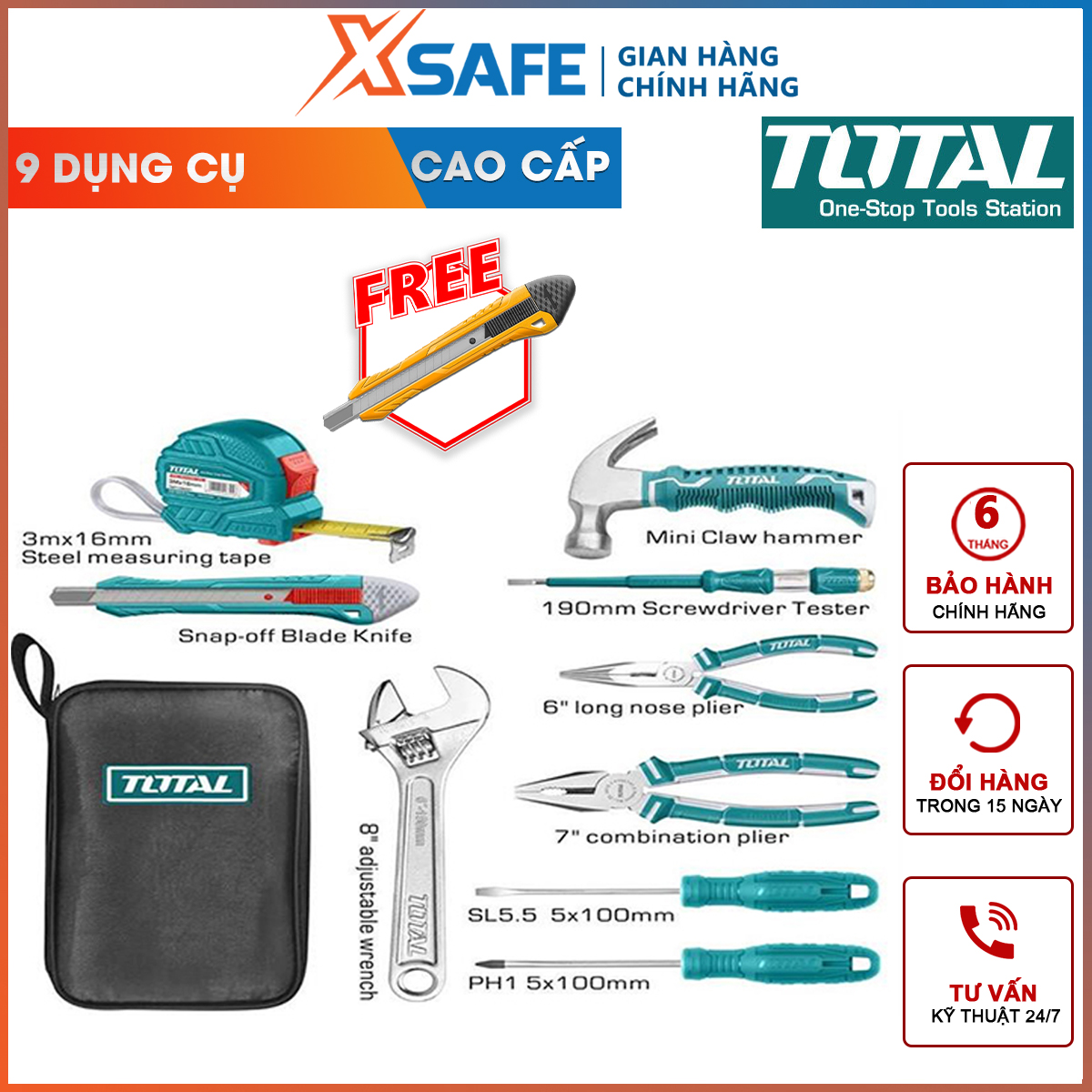Bộ đồ nghề cầm tay 9 chi tiết TOTAL THKTHP90096 | bộ 9 dụng cụ cầm tay gồm thước cuộn, tua vít, mỏ lết, kềm cắt mỏ dài, kềm răng, dao rọc… sửa chữa, lắp ráp và bảo dưỡng thiết bị