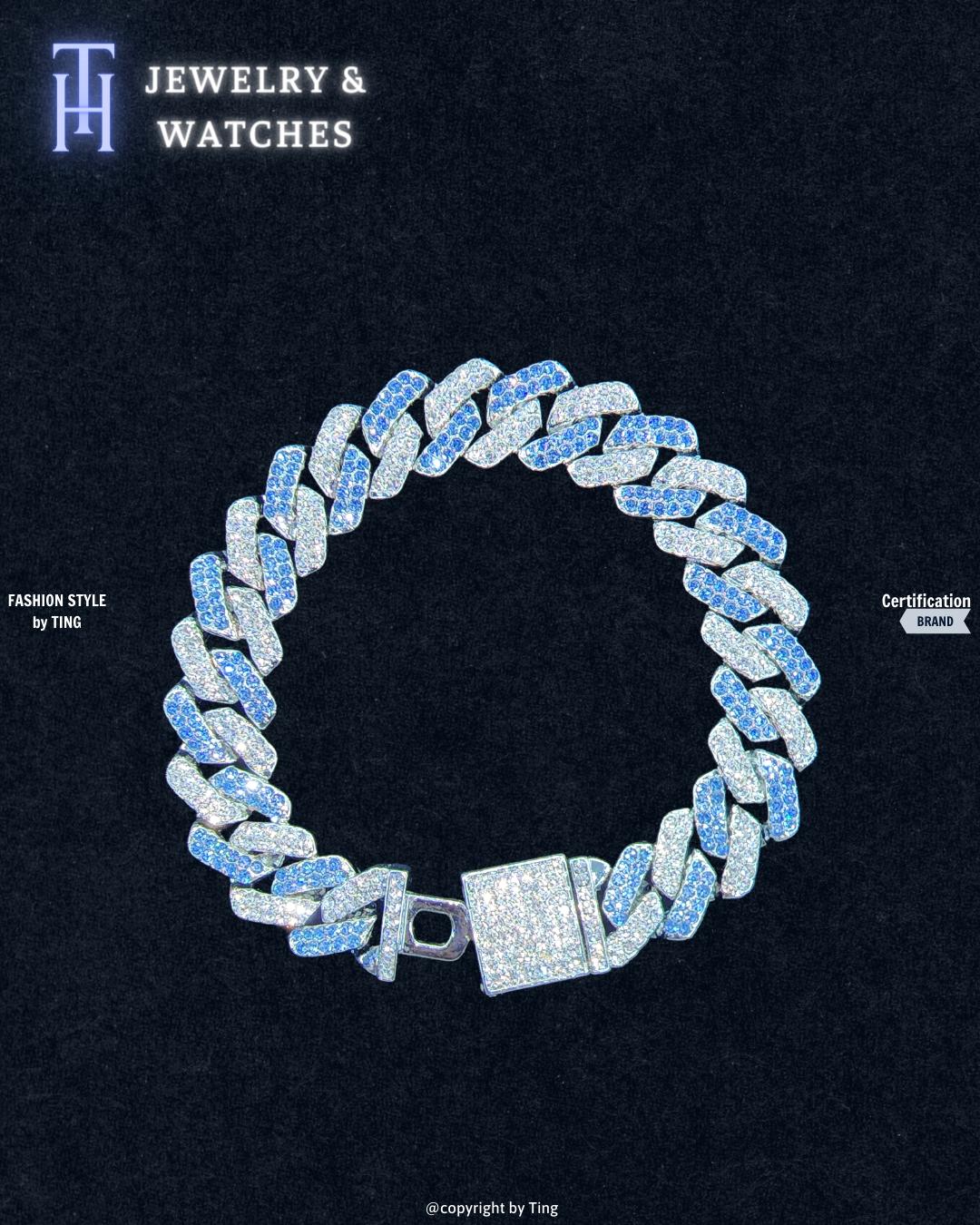 Ht jewelry - vòng tay cuban đính white blue hạt giẻ khóa cứng cáp bcb011