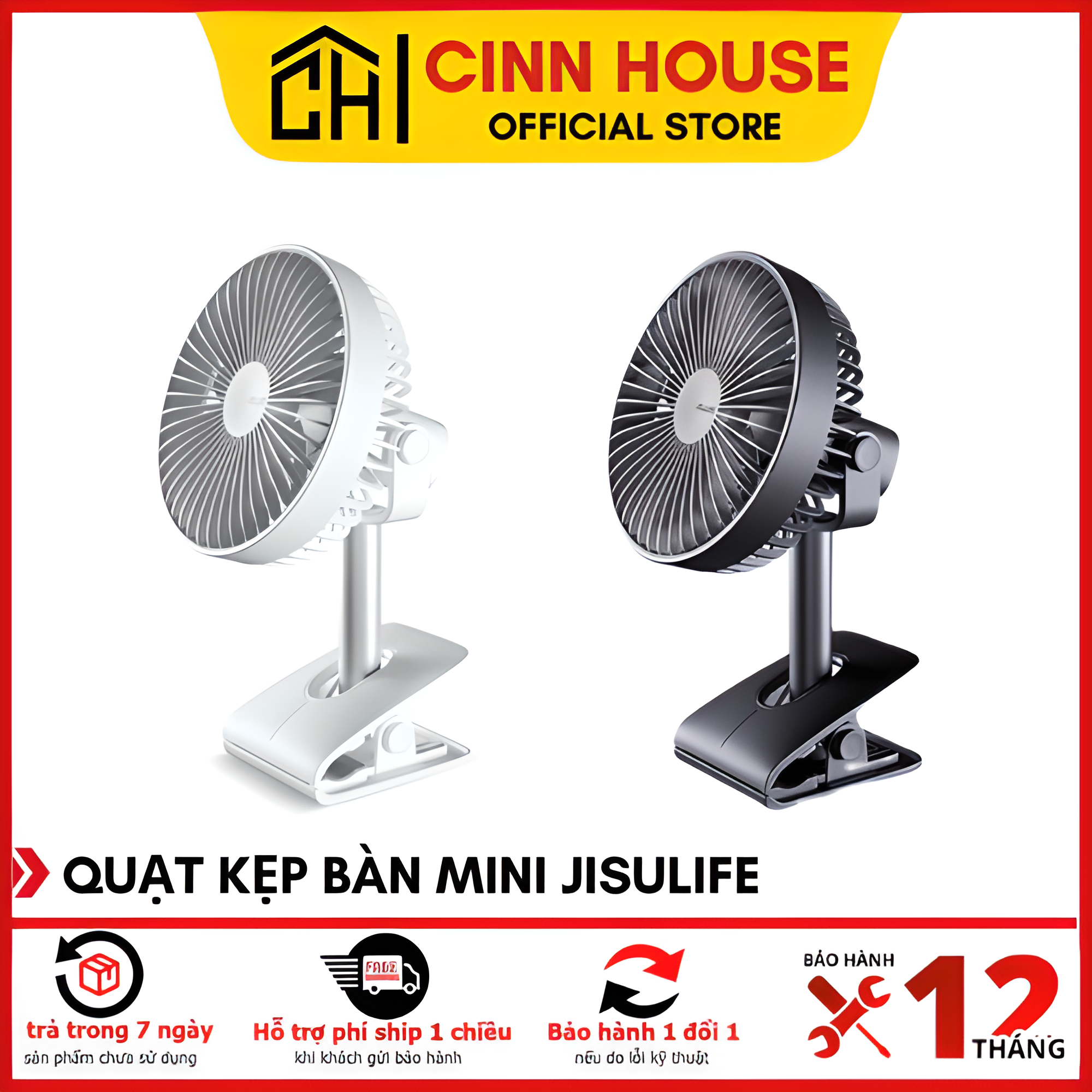 Quạt mini kẹp bàn, kẹp xe đẩy  Jisulife F7B, xoay 360 độ, 4 cấp gió, Pin 4000mAh hoạt động 10 giờ liên tục