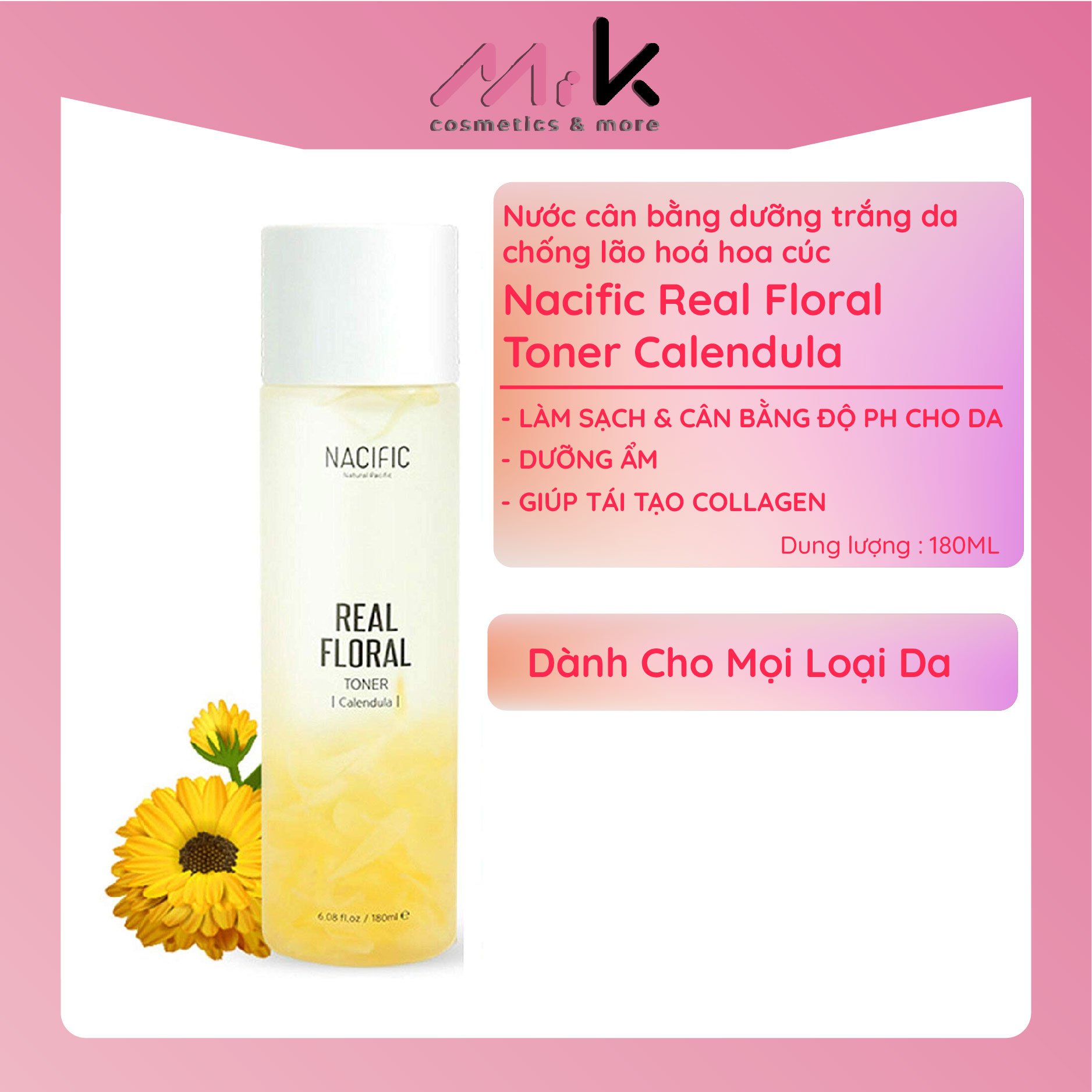 Nước cân bằng dưỡng trắng da chống lão hoá hoa cúc Nacific Real Floral Toner Calendula chính hãng Hàn Quốc 180ml