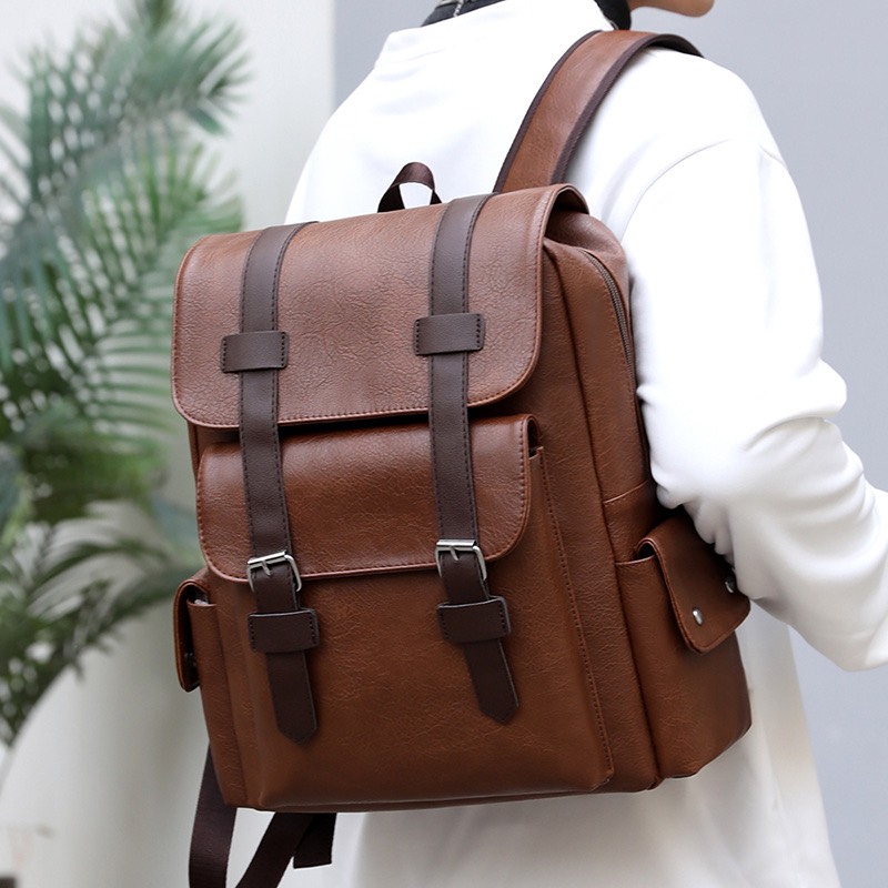 Balo nam da pu cao cấp 2 dải phối màu 975 💎freeship💎 balo đi học, đi chơi thời trang có ngăn đựng laptop