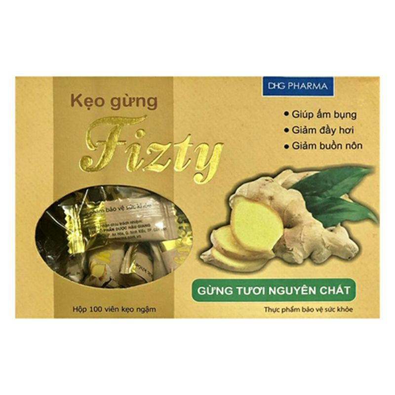 KẸO GỪNG FIZTY DHG 100 VIÊN TỪ GỪNG TƯƠI NGUYÊN CHẤT GIÚP ẤM BỤNG, GIẢM ĐẦY HƠI, GIẢM BUỒN NÔN