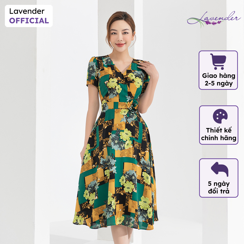 Đầm hoa công sở thiết kế lavender dáng xòe cổ v tay ngắn phối đai eo d2782