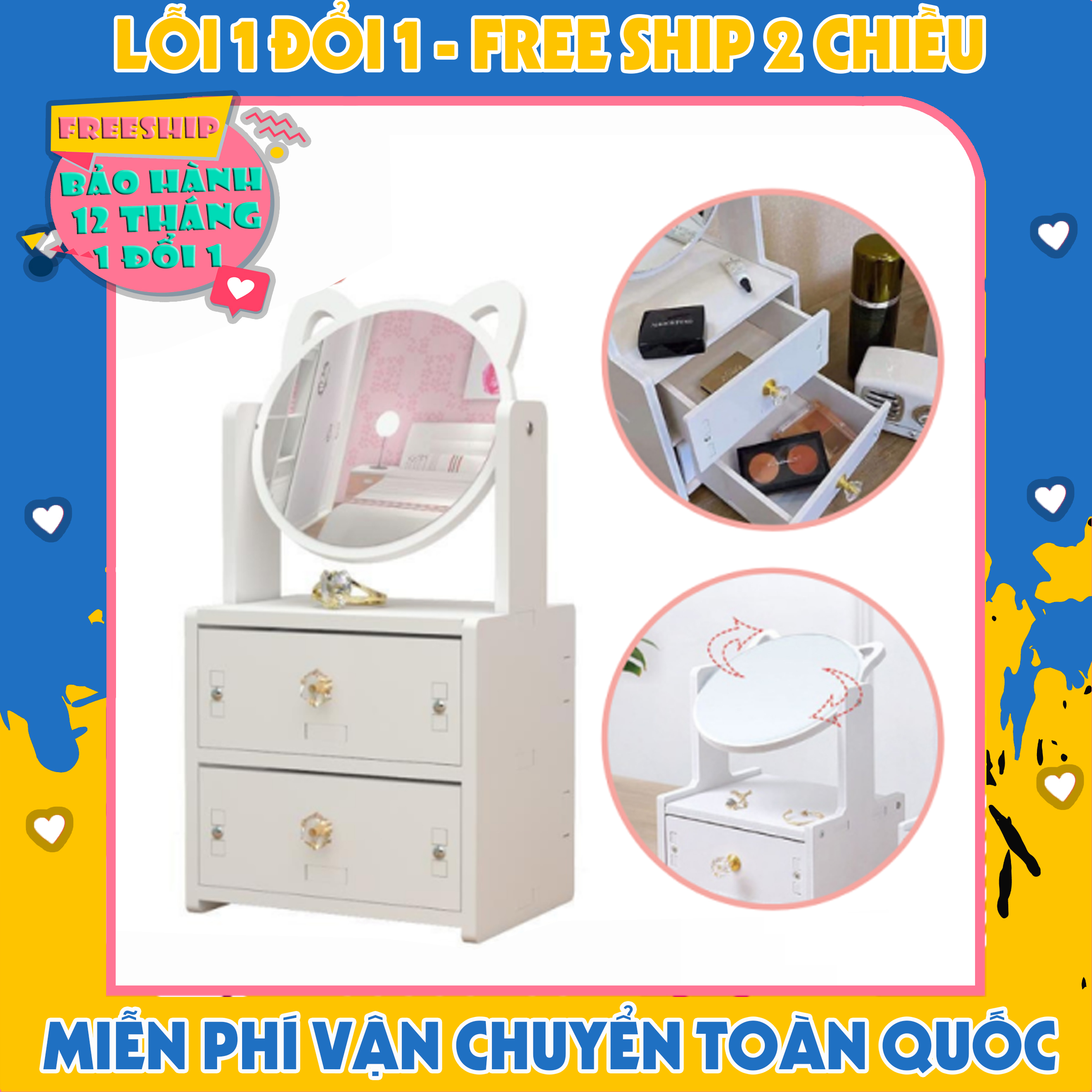 Kệ mỹ phẩm mini để bàn, kệ mỹ phẩm gương tai mèo 2 tầng bằng gỗ nhựa dễ thương