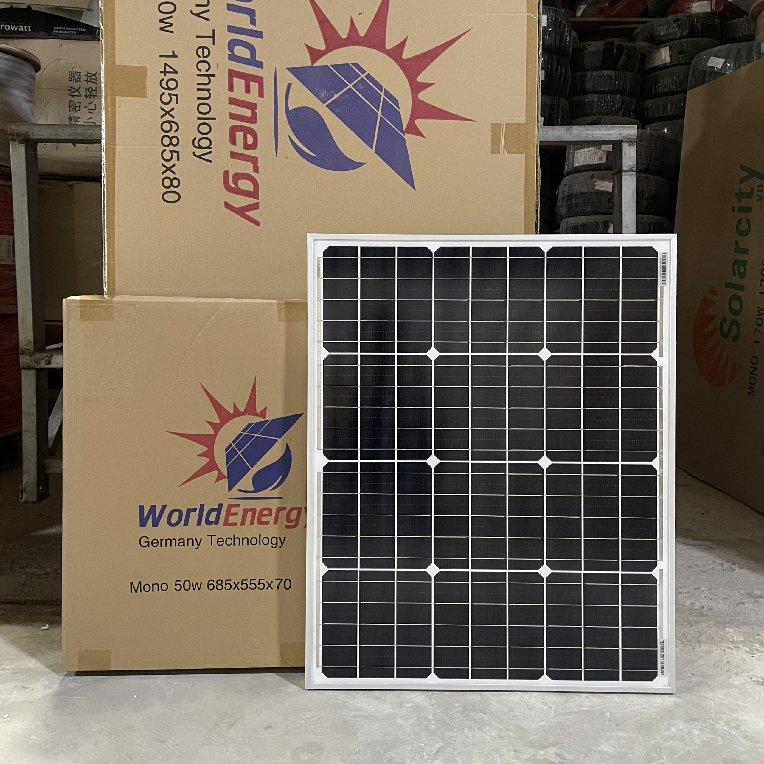 Pin năng lượng mặt trời mono 50w-18v WorldEnergy - tặng 1 cặp jack mc4 đơn (hàng chính hãng, bảo hành 12 năm)