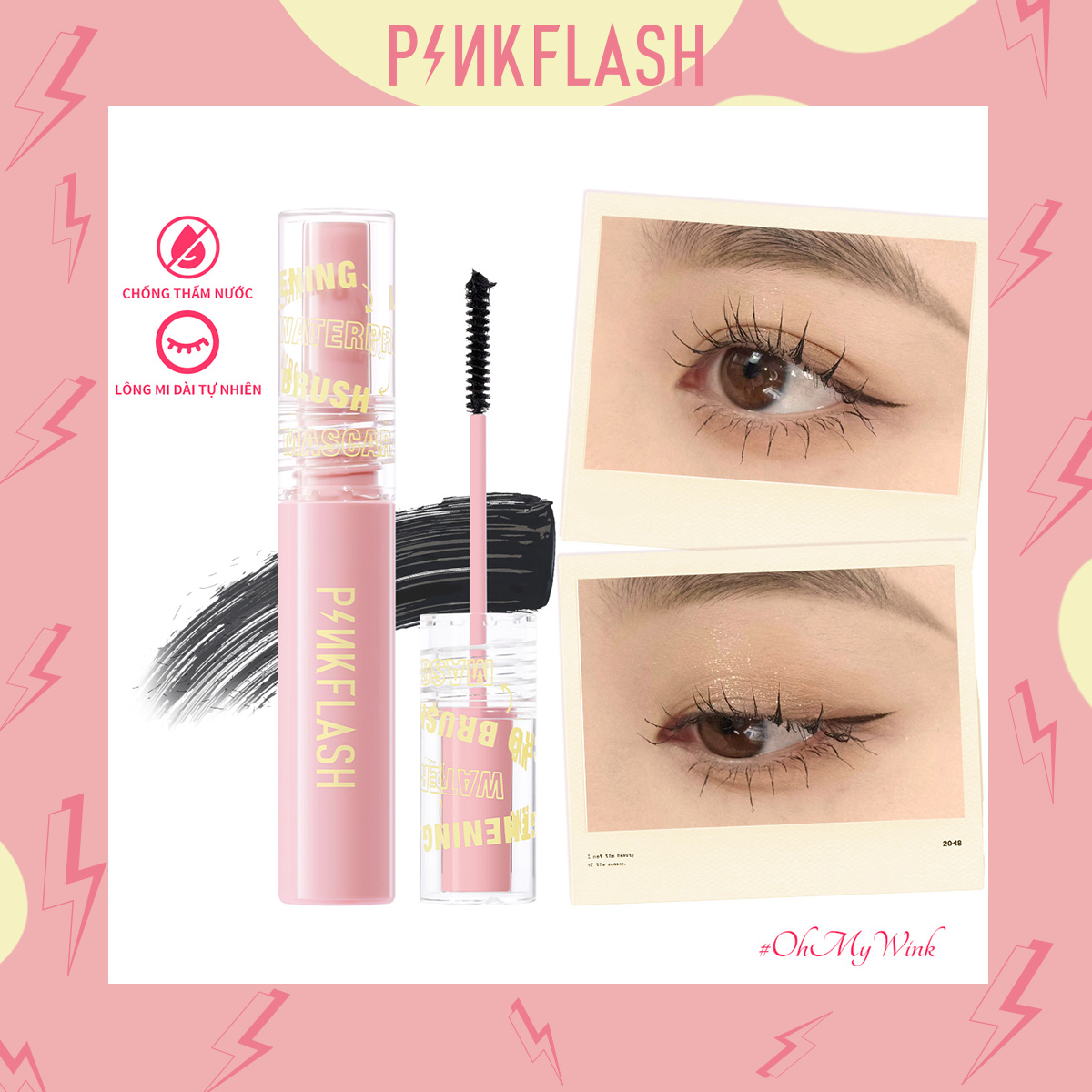 PINKFLASH Mascara với cọ nhiều sợi mỏng làm dài và cong mi lâu dài chống nước chống nhòe - INTL