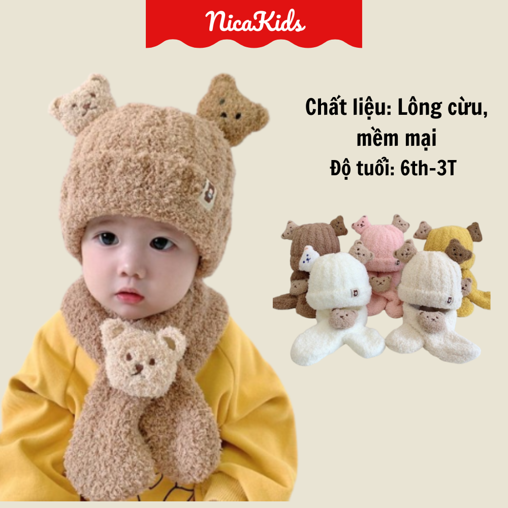 Mũ len kèm khăn quàng cổ gấu 3d lông cừu cho bé