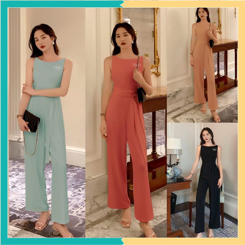 Jumpsuit dài - Jum dài ống suông thắt nơ eo ngực đính tag nơ xinh xắn TJ1212