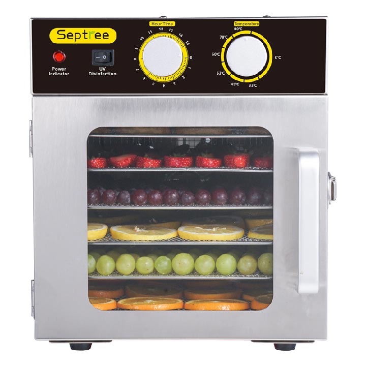 Máy Sấy Thực Phẩm Gia Đình Khử Trùng UV Tiện Lợi, sấy khô gia đình chế biến detox, thịt sấy, heo sấy, gà sấy dễ dàng với khung nhiệt độ từ 33-90 độ C, 6 khay sấy chất liệu inox không rỉ, bền bỉ và cứng cáp