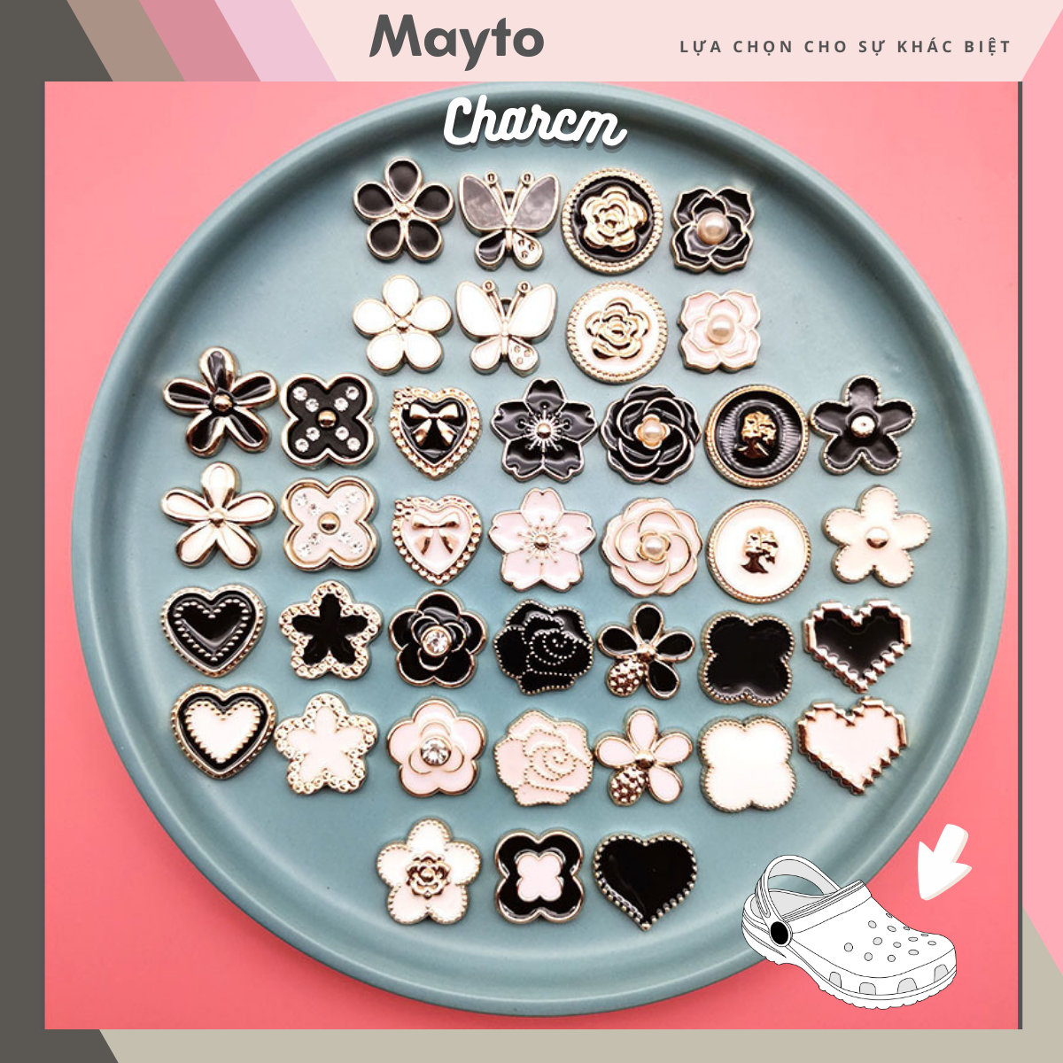 Sticker, Charm 3D chủ đề Bling trắng đen DIY Mayto gắn Dép Cross, Dép Sục, Cá Sấu JB-106