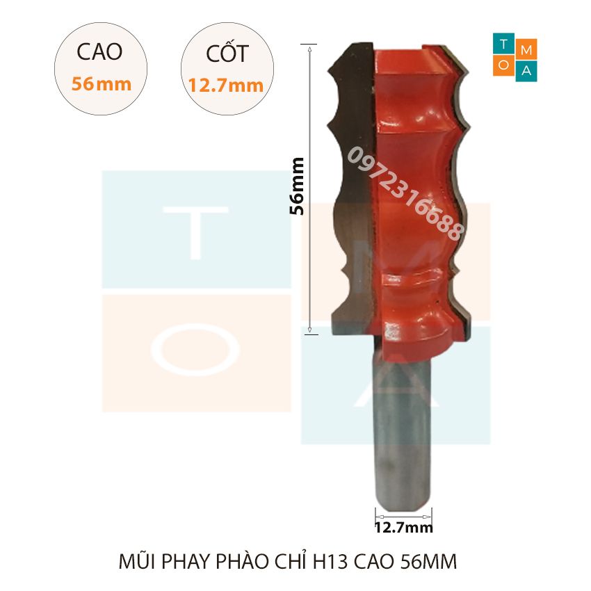 Mũi soi gỗ - mũi phay gỗ đánh chỉ phào h13 cao 56mm cốt 12.7mm - chỉ phào nóc - chỉ phào nẹp hàng việt nam chất lượng cao