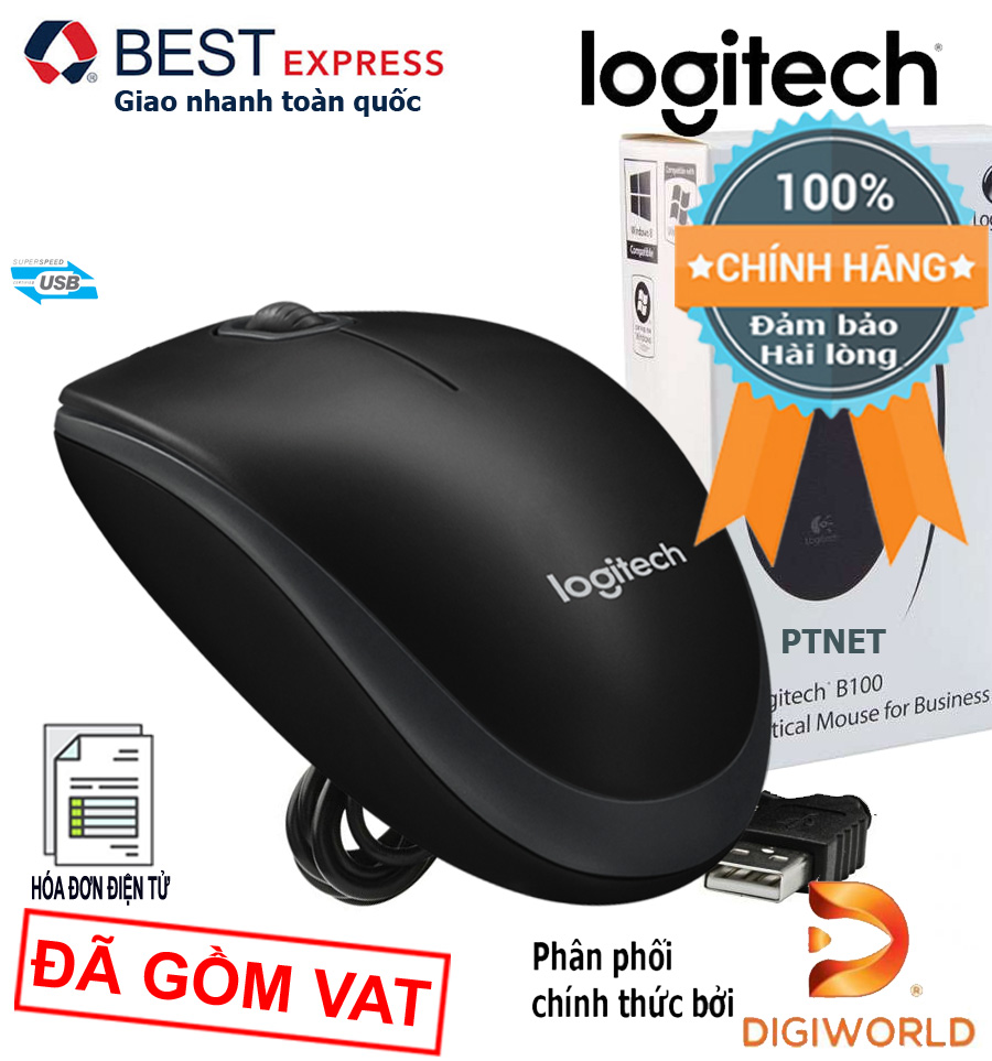 Chuột máy vi tính Logitech B100  (quang,kết nối USB có dây) - Phân phối bởi Digiworld