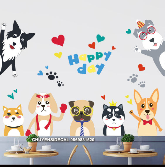 [HCM]Decal trang trí tường - Bày Chó HAPPY DAY