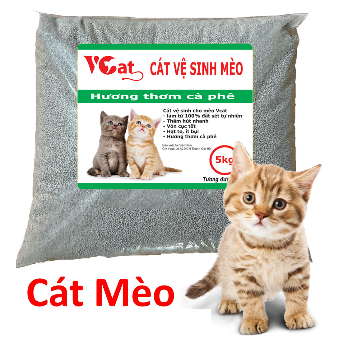 Cát Vệ sinh mèo VCAT Bao Than hoạt tính khử mùi hôi tải 30kg / cát mèo / cát cho mèo / nhà vệ sinh mèo / khay vệ sinh mèo / cat meo /sunpet