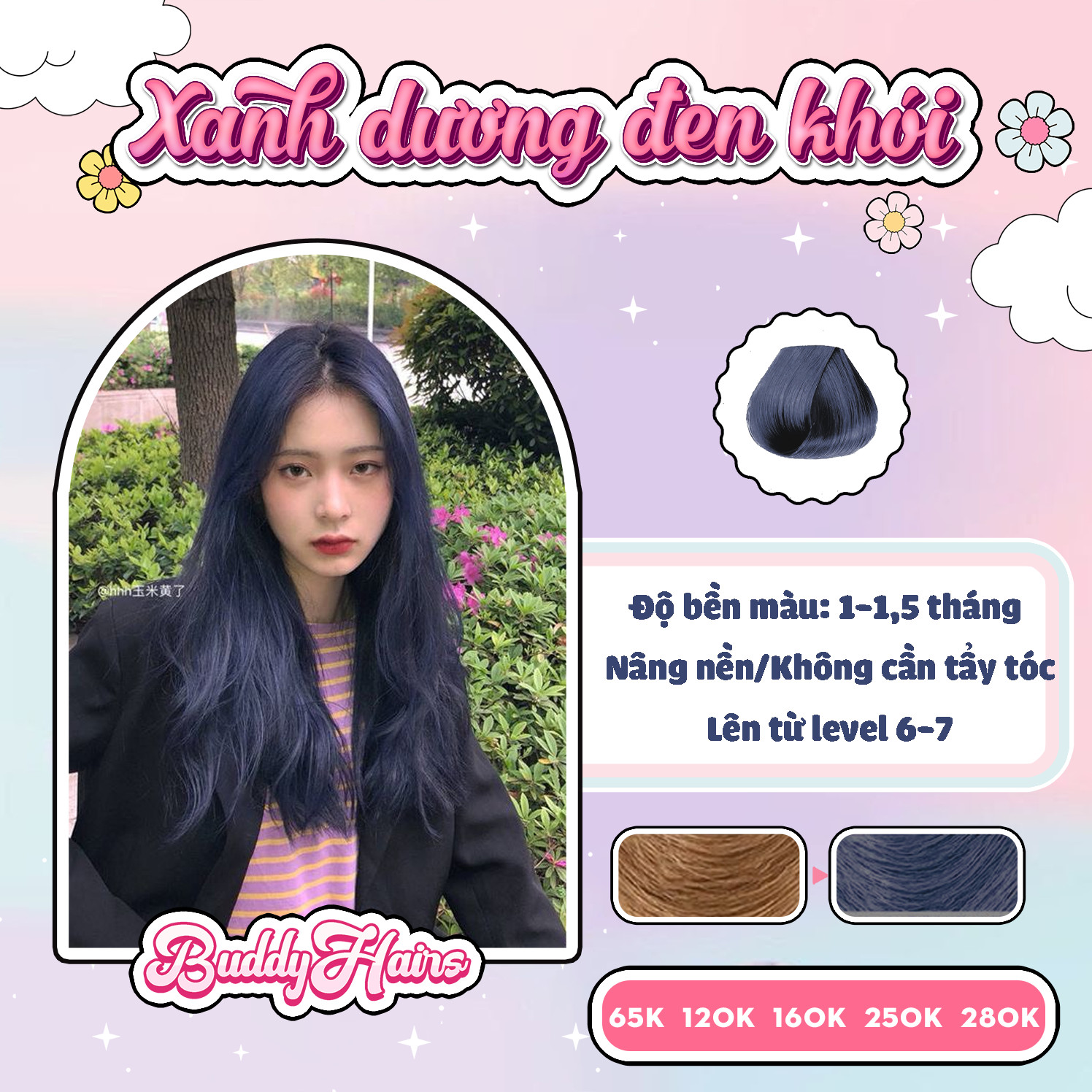 Thuốc nhuộm tóc Xanh dương đen khói / Xanh đen khói không tẩy lên từ nền đen Buddyhairs TẶNG KÈM trợ nhuộm găng tay mũ trùm