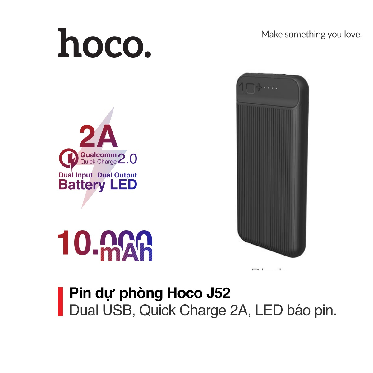 [HCM]Pin sạc dự phòng Hoco J52 hỗ trợ sạc nhanh 2A chất liệu PC chống cháy tích hợp đèn Led hiển thị pin sạc