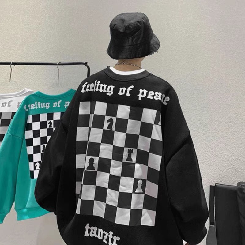 Áo hoodie nam fom rộng họa tiết bàn cờ cao cấp áo fom rộng dưới 90 kg mặc vừa tnm