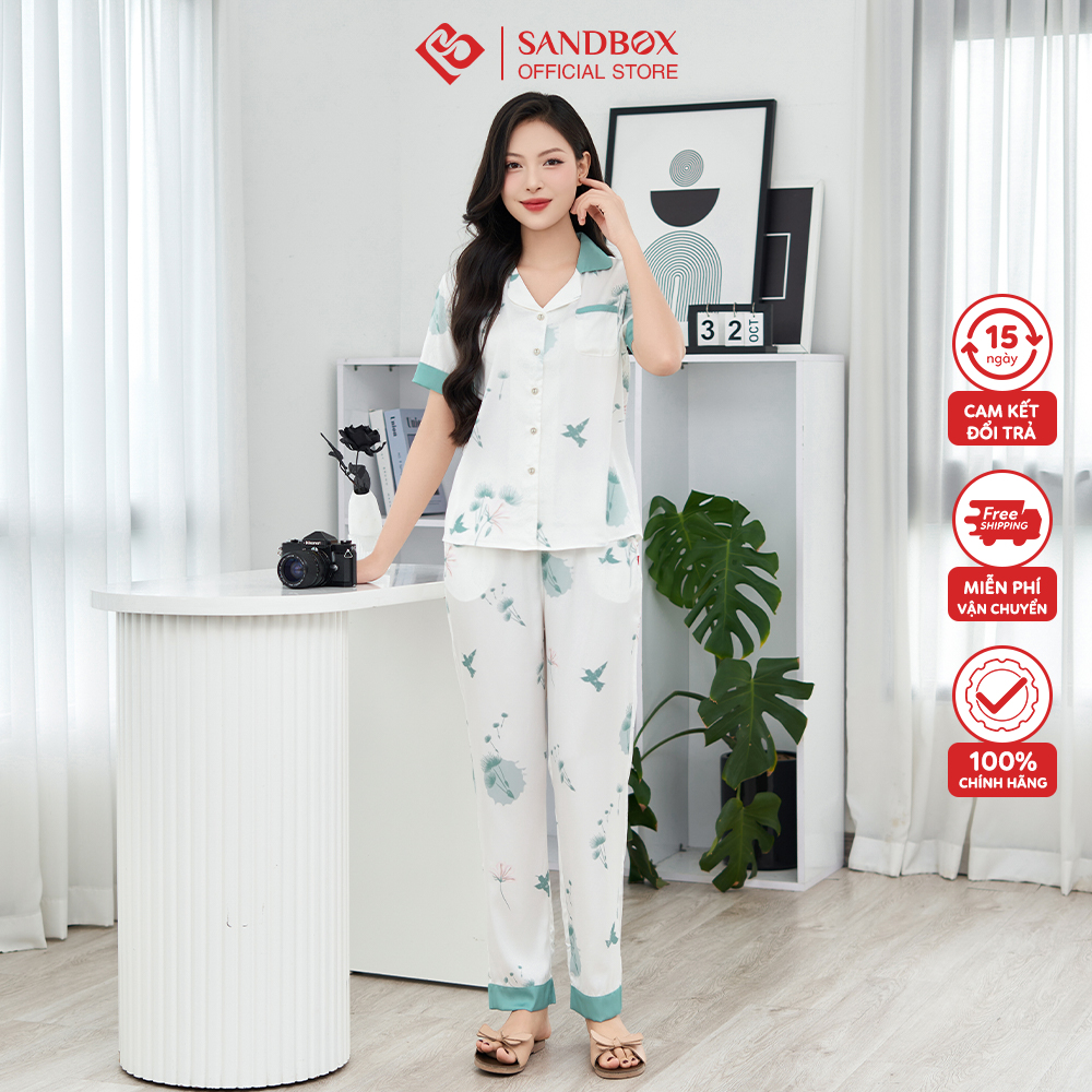 Bộ Pijama Nữ SANDBOX Tay Ngắn, Quần Dài Chất Lụa Nhật Cao Cấp Mềm Mịn, Họa Tiết Thiết Kế Phối Màu -
