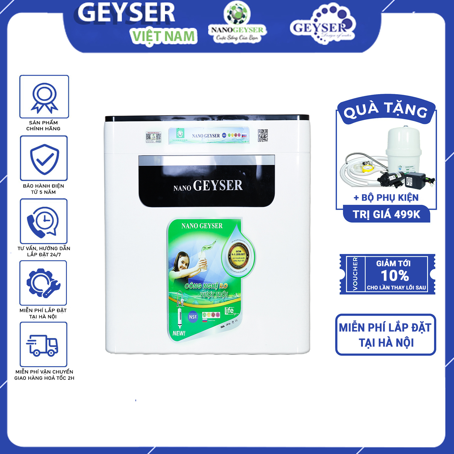 Máy lọc nước geyser ro eco c9 cấp, tặng kèm bộ lọc thô & bộ phụ kiện trị giá 499k
