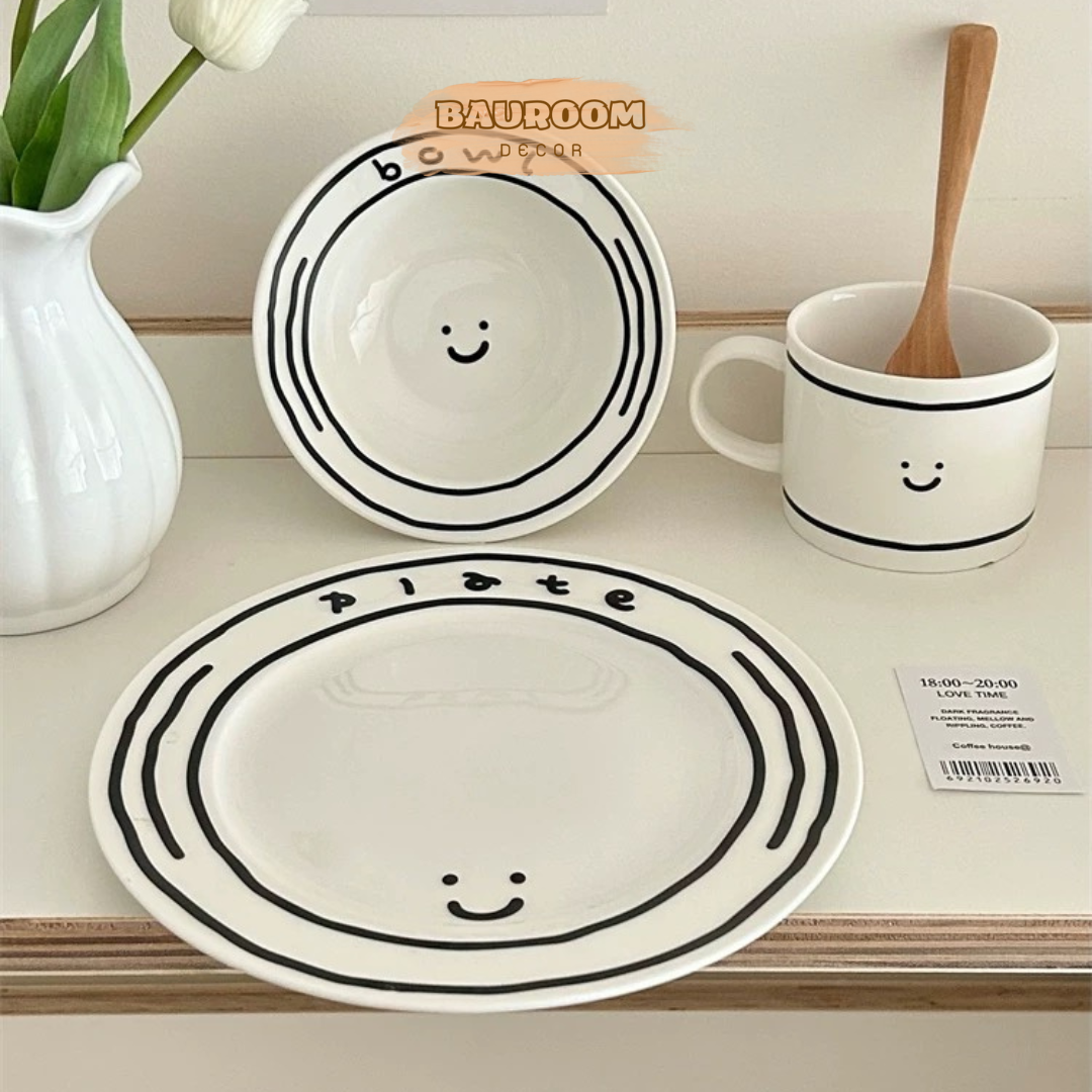 Chén dĩa sứ cao cấp màu men trắng Bauroom phong cách Vintage hoạ tiết dễ thương
