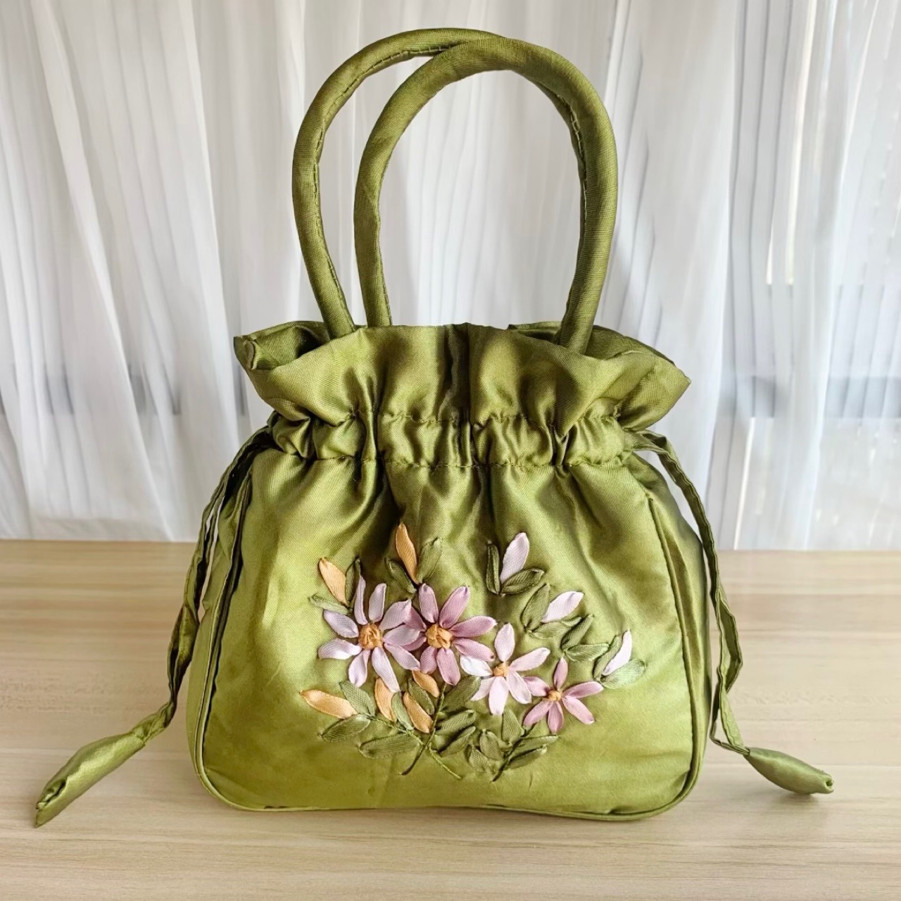 Handbag (Available) Handmade Floral Embroidery with Drawstring, Luxurious Women's Bag Made of 2-Layer Silk Fabric - 9