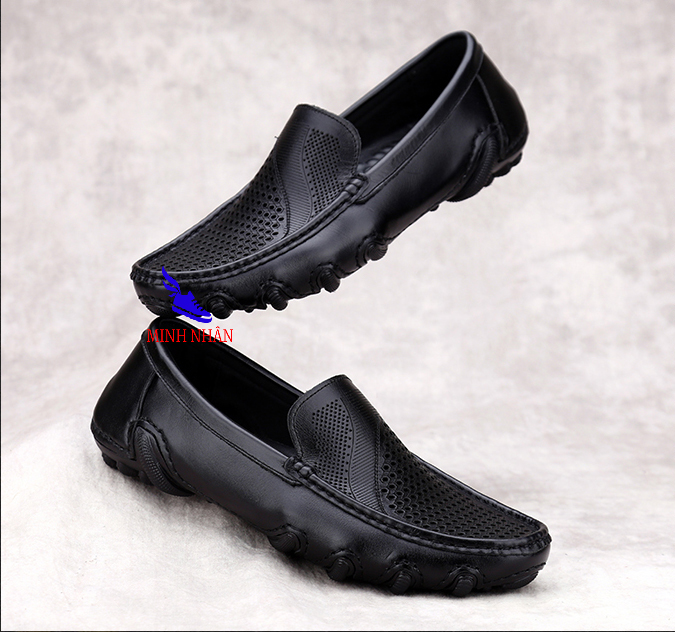 Giày hè nam da bò Cao cấp Giày đục lỗ da bò lười mùa hè xỏ nam da bò giày mọi nam đẹp thoáng khí giá rẻ Thời trang Giày mùa hè nam H-8 màu đen