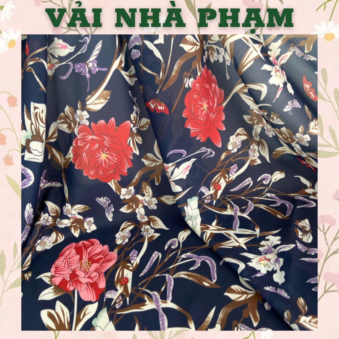 Voan tơ hoạ tiết hoa to nền xanh đen-khổ 1.5m-vải nhà phạm