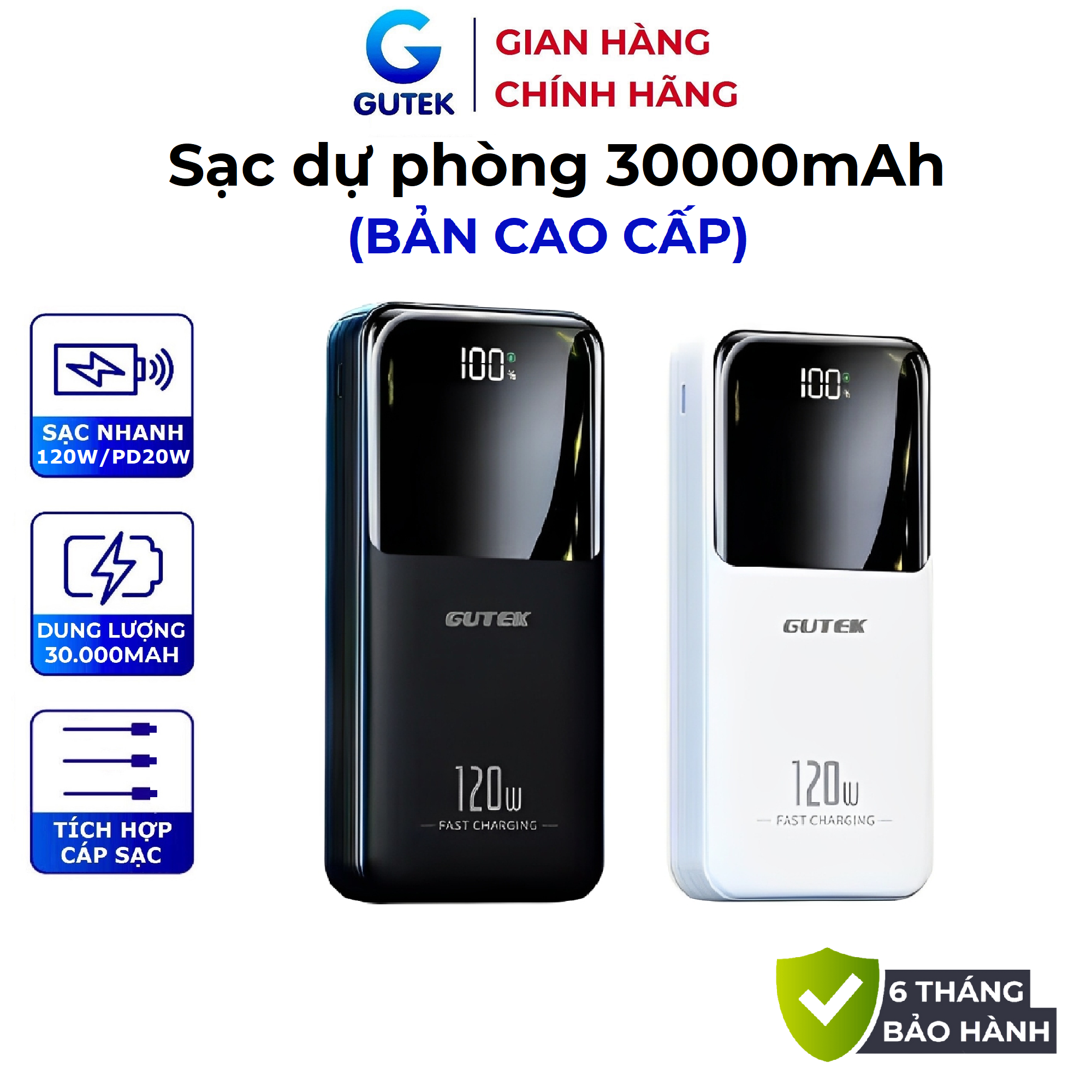 Sạc dự phòng 30000mah Pin dung lượng lớn sạc nhanh 120W/PD20W đi kèm dây sạc điện thoại – Gutek GT69