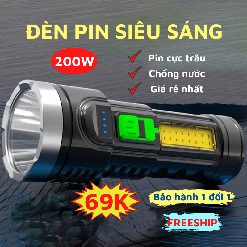 Đèn Pin Siêu Sáng Cầm Tay Đèn Pin LED Siêu Sáng Sạc USB Chống Thấm Nước SUN STORE
